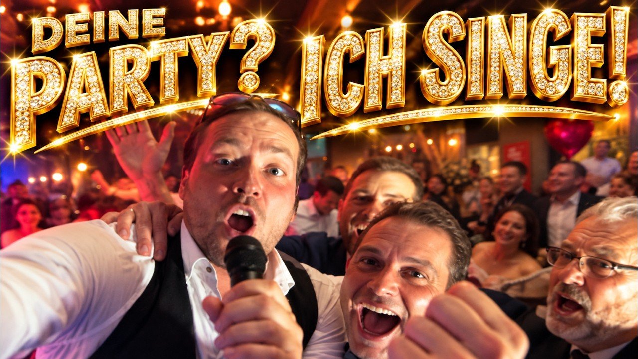 Vorschaubild zum Video: Sänger und DJ Rico singt mit dem Mikrofon inmitten feiernder Gäste, darüber der Schriftzug „Deine Party? Ich singe!“