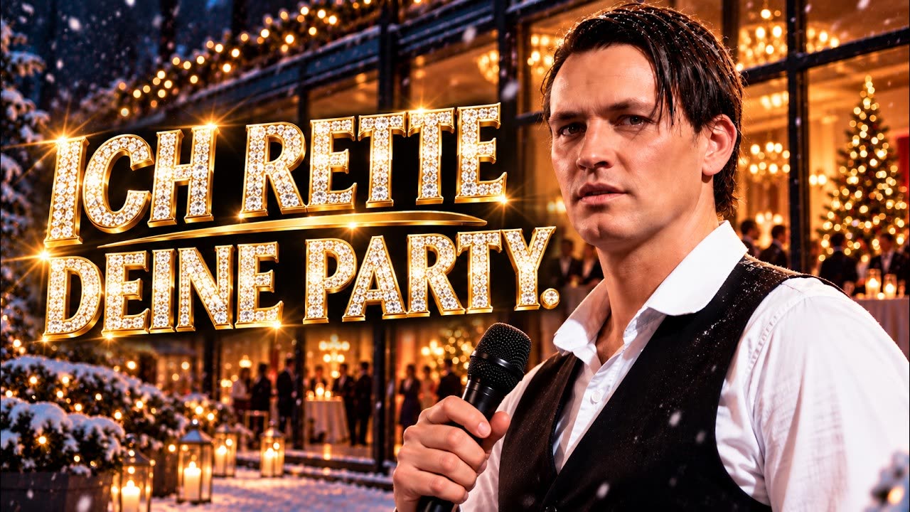 Vorschaubild zum Video: Sänger und DJ Rico mit Mikrofon vor einer festlich beleuchteten Weihnachtsfeier, daneben der Schriftzug „Ich rette Deine Party.“